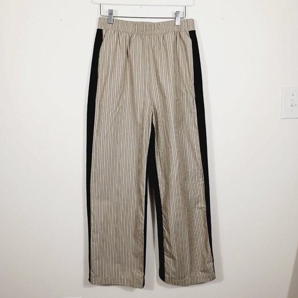 Zara, Mixed Media Pull On Pants (M) Stretch Waist Deep Navy/Khaki & White Stripe - Picture 3 of 15